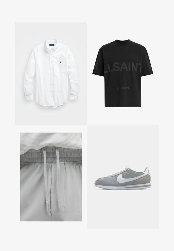 Weißes Langarm-Hemd aus Baumwolle mit Knopfleiste. Es zeichnet sich durch einen klassischen Kragen, Knopfmanschetten und ein kleines, navyblaues gesticktes Logo auf der Brust aus.; Schwarzes, übergroßes T-Shirt mit dunkelgrauem "ALLSAINTS"-Schriftzug über der Brust und "LONDON" in kleineren Buchstaben darunter.; Hellgraue Sweatpants mit elastischem Bund und Kordelzug. Weicher Stoff mit glatter Textur, entspannter Schnitt und schlichter Gestaltung.; Graue Sportausstattung mit einem Obermaterial aus Wildleder und Textil, weißem Nike-Swoosh und weißen Schnürsenkeln. Verfügt über eine strukturierte Gummisohle und einen gepolsterten Kragen.