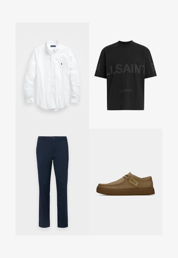 Hvid langærmet skjorte i bomuld. Har en klassisk krave, knapmanchetter og et lille marineblåt broderet logo på brystet.; Sort oversized T-shirt med mørkegrå "ALLSAINTS" tekst på tværs af brystet og "LONDON" i mindre bogstaver nedenfor.; Mørk navy chinos lavet af glat stof. Lige ben design med en enkelt knappelukning og bæltestropper. Ingen synlige mønstre eller accenter.; Lysebrune ruskindsko med rund tå, syet detaljer og en ribbet brun gummisål. Har et sidemærke med "Clarks" logo.