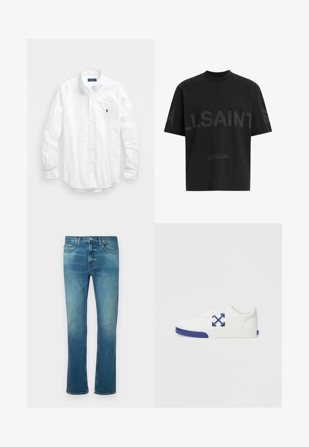 Valge pikkade varrukatega kotitõmblusega särk puuvillast. Omab klassikalist kraed, nööpidega mansette ja väikest tumesinist tikandit rinnal.; Musthave suuruses must T-särk tumedatest halli "ALLSAINTS" tekstiga rinnal ja väiksemate tähtedega all "LONDON".; Sinine denimist valmistatud sirge lõikega teksad, millel on pleekinud viimistlus, kerge kahjustus põlvede piirkonnas ja klassikaline viie-tasku disain.; Valge tennisejalats, millel on tekstuuriga pind, sinine aksent varbal ja logol, paeltega kinnituv ning lame kummist tallaga.