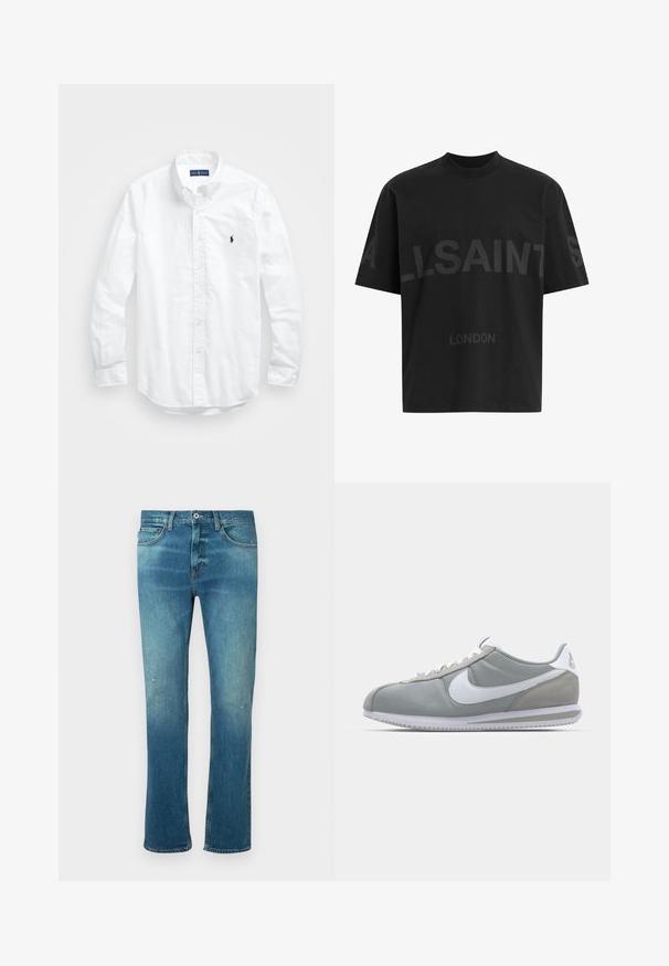 Valkoinen pitkähihaisessa napitetussa paidassa, joka on valmistettu puuvillasta. Siinä on klassinen kaulus, napilliset hihansuut ja pieni tummansininen brodeerattu logo rinnassa.; Mustat ylisuuret T-paidat, joissa on tummanharmaa "ALLSAINTS" -teksti rinnassa ja "LONDON" pienemmillä kirjaimilla alapuolella.; Siniset farkut suoran leikkauksen kanssa, joissa on haalistunut viimeistely, hieman kulumista polvissa ja klassinen viiden taskun muotoilu.; Harmaa urheilujalkine, jossa on mokka- ja tekstiilipäällinen, valkoinen Nike-tikkukiinnitys ja valkoiset nauhat. Varusteena on kuvioitu kumipohja ja pehmustettu nilkkaosa.