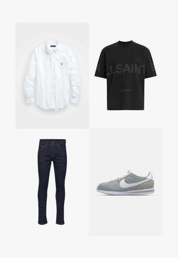 Bela dolg rokav srajca s gumbi iz bombaža. Ima klasičen ovratnik, gumbnice na zapestjih in majhen temno moder vezen logotip na prsih.; Črna oversize majica s短kimi rokavi z temno sivo napisano besedo "ALLSAINTS" čez prsi in "LONDON" v manjših črkah spodaj.; Temno jeans s slim krojem, ki vsebujejo pet žepov, oranžno šivano obrobo in klasičen gumbasti zapnitev v pasu.; Sive tenisice za šport z zgornjim delom iz semiša in tekstila, belim Nike swooshom in belimi vezalkami. Imajo strukturirano gumijasto podplat in oblazinjen ovratnik.