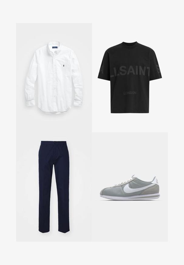Bela dolg rokav srajca s gumbi iz bombaža. Ima klasičen ovratnik, gumbnice na zapestjih in majhen temno moder vezen logotip na prsih.; Črna oversize majica s短kimi rokavi z temno sivo napisano besedo "ALLSAINTS" čez prsi in "LONDON" v manjših črkah spodaj.; Mornarsko modri hlače s ravnim krojem, z zapiranjem spredaj na gumb, z vzmetnicami za pas in gladko, mat površino. Brez opaznih vzorcev.; Sive tenisice za šport z zgornjim delom iz semiša in tekstila, belim Nike swooshom in belimi vezalkami. Imajo strukturirano gumijasto podplat in oblazinjen ovratnik.