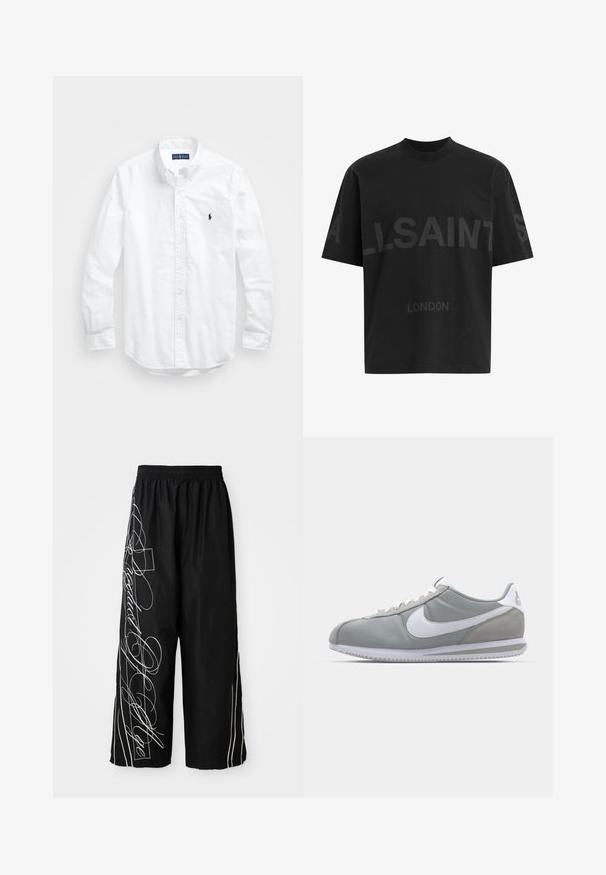 Balta ilga rankovė mygtukų marškiniai iš medvilnės. Pasižymi klasikinėmis apykaklėmis, mygtukų rankogaliais ir mažuoju tamsiai mėlynu siuviniu su logotipu ant krūtinės.; Juodas per didelis marškinėliai su tamsiai pilku „ALLSAINTS“ tekstu krūtinėje ir „LONDON“ mažesnėmis raidėmis žemiau.; Juodos plačios, trumpinamos kelnės, pagamintos iš lengvos medžiagos. Siuvinėjimai ir dekoracijos balta spalva eina palei šonus. Elastinga juosmens juosta.; Pilkas sportinis batelis su zomšiniais ir tekstiliniais viršutiniais paviršiais, baltas Nike swoosh ženklas ir baltos raišteliai. Yra tekstūruotas gumos padas ir paminkštinta apykaklė.