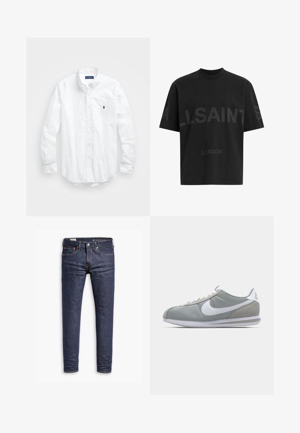 Balta ilga rankovė mygtukų marškiniai iš medvilnės. Pasižymi klasikinėmis apykaklėmis, mygtukų rankogaliais ir mažuoju tamsiai mėlynu siuviniu su logotipu ant krūtinės.; Juodas per didelis marškinėliai su tamsiai pilku „ALLSAINTS“ tekstu krūtinėje ir „LONDON“ mažesnėmis raidėmis žemiau.; Tamsiai mėlyni siauri Levi's Performance džinsai su penkiomis kišenėmis ir matomu siuvinėjimu ant baltos fono.; Pilkas sportinis batelis su zomšiniais ir tekstiliniais viršutiniais paviršiais, baltas Nike swoosh ženklas ir baltos raišteliai. Yra tekstūruotas gumos padas ir paminkštinta apykaklė.