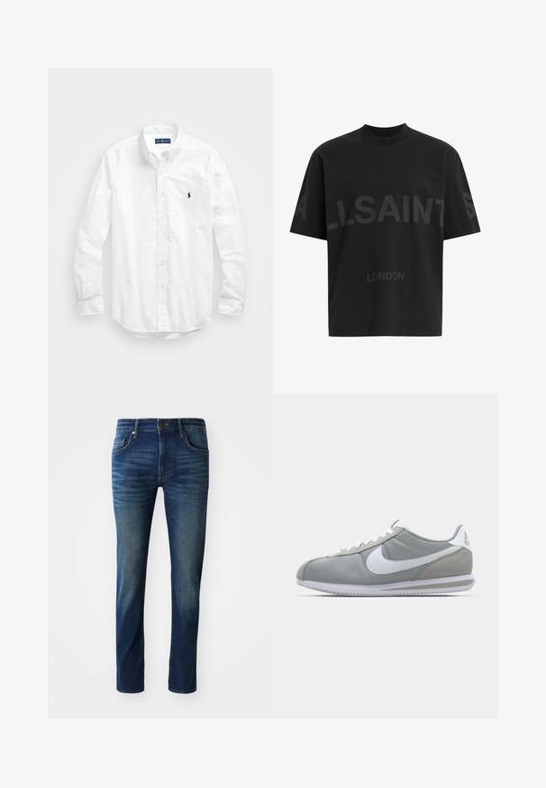 Balta garām piedurknēm pogājamā krekla izgatavots no kokvilnas. Iezīmē klasisku apkakli, poga aproces un mazu tumši zilu izšūtu logo uz krūšu.; Melna pārstrādāta T-kreklā ar tumši pelēku "ALLSAINTS" tekstu pār krūtīm un "LONDON" mazākā izmērā zem tā.; Tumši zili džinsi ar šauru piegriezumu, ar piecām kabatām, priekšējo pogu aizdari un nelielu izbalētu faktūru uz kājām.; Pelēkie sporta apavi ar zamša un tekstila augšu, balto Nike logotipu un baltiem šņorēm. Iezīmējas ar strukturētu gumijas zoli un mīkstu apkaklīti.