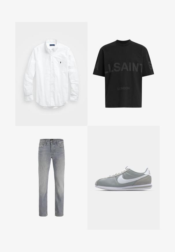 Camisa blanca de manga larga de algodón con botones. Presenta un cuello clásico, puños con botones y un pequeño logo bordado en azul marino en el pecho.; Camiseta negra de gran tamaño con el texto en gris oscuro "ALLSAINTS" en el pecho y "LONDON" en letras más pequeñas debajo.; Vaqueros de mezclilla gris claro con un diseño de pierna recta, estilo de cinco bolsillos y un cierre de botón clásico. Textura de tela suave y acabado limpio.; Zapatilla deportiva gris con parte superior de ante y textil, swoosh blanco de Nike y cordones blancos. Presenta una suela de goma texturizada y un collar acolchado.