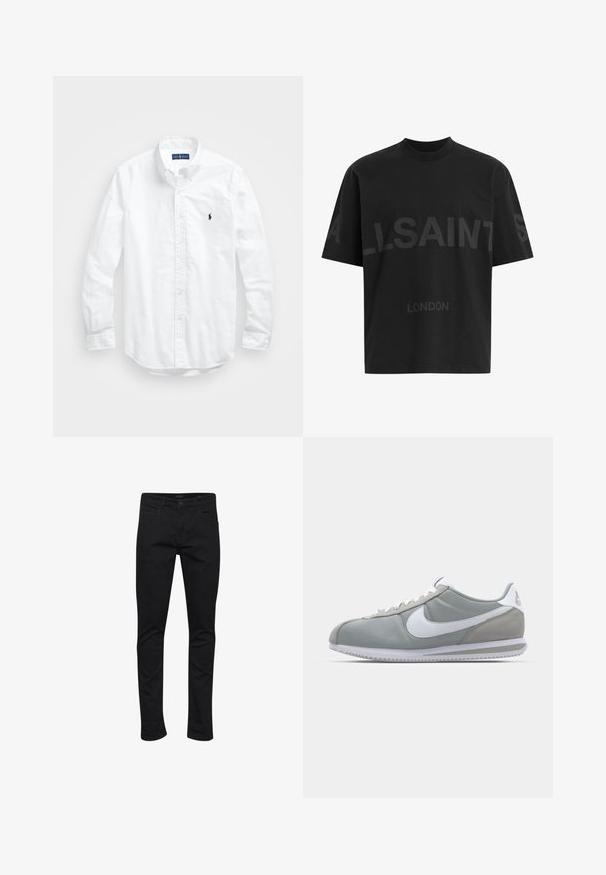Cămașă albă cu mânecă lungă și nasturi din bumbac. Are un guler clasic, manșete cu nasturi și un mic logo brodat în navy pe piept.; Cămășă oversized neagră cu text de culoare gri închis "ALLSAINTS" pe piept și "LONDON" în litere mai mici dedesubt.; Blugi negri din denim cu o croială slim, având un design clasic cu cinci buzunare, cusături rezistente și un fermoar cu închidere prin buton.; Pantofii sport gri au un superior din suede și textil, cu simbolul Nike alb și șireturi albe. Dispun de o talpă din cauciuc texturat și un guler căptușit.