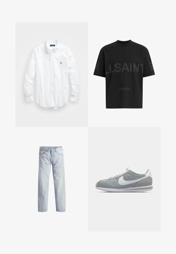Camisa blanca de manga larga de algodón con botones. Presenta un cuello clásico, puños con botones y un pequeño logo bordado en azul marino en el pecho.; Camiseta negra de gran tamaño con el texto en gris oscuro "ALLSAINTS" en el pecho y "LONDON" en letras más pequeñas debajo.; Vaqueros de mezclilla de color azul claro con un diseño de pierna recta, cierre de botón, cinco bolsillos y una textura de desgaste sutil. Presenta detalles de metal.; Zapatilla deportiva gris con parte superior de ante y textil, swoosh blanco de Nike y cordones blancos. Presenta una suela de goma texturizada y un collar acolchado.