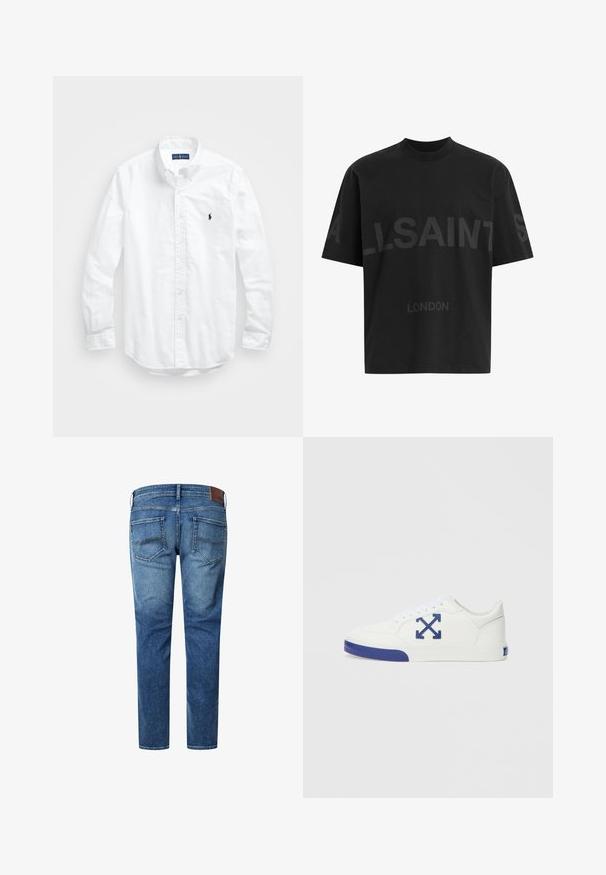 Biała, bawełniana koszula z długim rękawem zapinana na guziki. Posiada klasyczny kołnierzyk, mankiety zapinane na guziki oraz małe, granatowe, haftowane logo na klatce piersiowej.; Czarna, oversize koszulka z ciemnoszarym napisem "ALLSAINTS" na piersi oraz słowem "LONDON" mniejszymi literami poniżej.; Niebieskie dżinsy w prostym kroju, z dwoma tylnymi kieszeniami, lekkim przetarciem oraz brązową skórzaną łatą na talii.; Biały sneaker z fakturowaną powierzchnią, niebieskim akcentem na czubku i logo, zapięciem na sznurowadła oraz płaską gumową podeszwą.