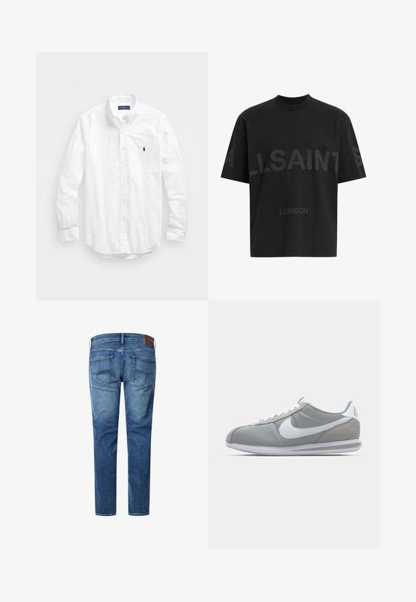 Valkoinen pitkähihaisessa napitetussa paidassa, joka on valmistettu puuvillasta. Siinä on klassinen kaulus, napilliset hihansuut ja pieni tummansininen brodeerattu logo rinnassa.; Mustat ylisuuret T-paidat, joissa on tummanharmaa "ALLSAINTS" -teksti rinnassa ja "LONDON" pienemmillä kirjaimilla alapuolella.; Siniset farkut suoran leikkauksen kanssa, joissa on kaksi takataskua, kevyttä kulutusta ja ruskea nahkapaikka vyötäröllä.; Harmaa urheilujalkine, jossa on mokka- ja tekstiilipäällinen, valkoinen Nike-tikkukiinnitys ja valkoiset nauhat. Varusteena on kuvioitu kumipohja ja pehmustettu nilkkaosa.