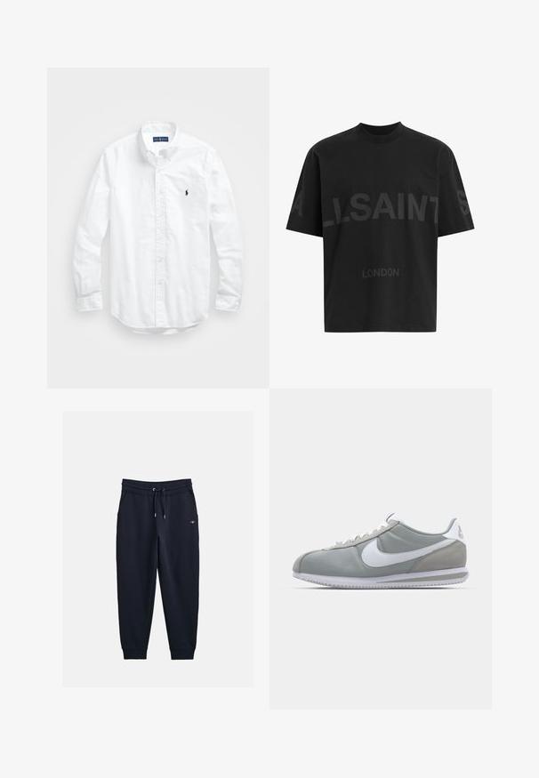 Hvid langærmet skjorte i bomuld. Har en klassisk krave, knapmanchetter og et lille marineblåt broderet logo på brystet.; Sort oversized T-shirt med mørkegrå "ALLSAINTS" tekst på tværs af brystet og "LONDON" i mindre bogstaver nedenfor.; Marineblå sweatpants lavet af blødt materiale, med elastisk talje og snor, sidelommer og ribbestrikkede manchetter.; Grå atletisk sko med overdækning i ruskind og tekstil, hvid Nike swoosh og hvide snørebånd. Har en struktureret gummisål og polstret krave.