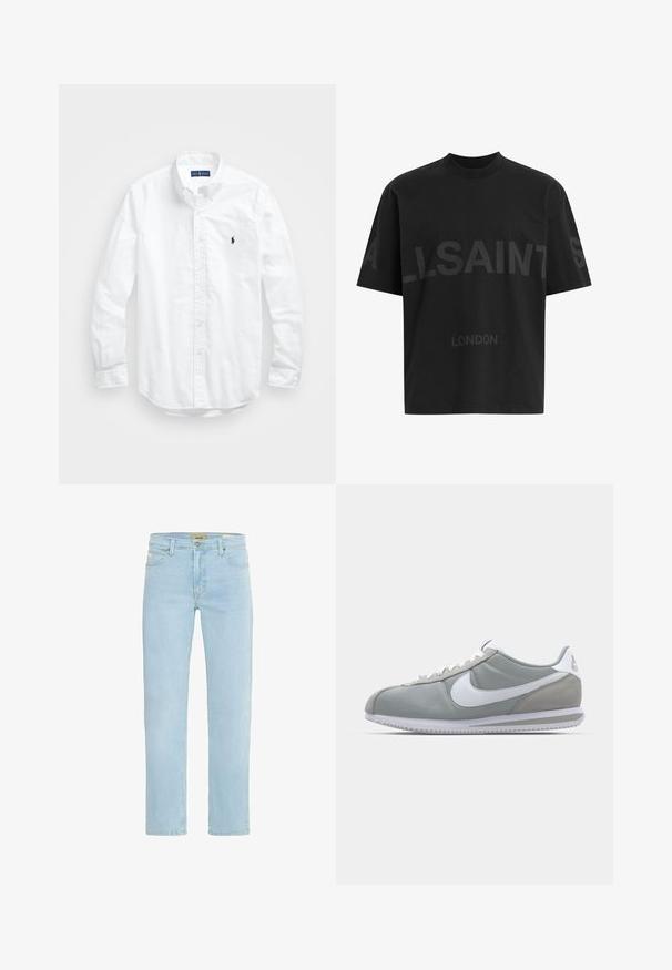 Cămașă albă cu mânecă lungă și nasturi din bumbac. Are un guler clasic, manșete cu nasturi și un mic logo brodat în navy pe piept.; Cămășă oversized neagră cu text de culoare gri închis "ALLSAINTS" pe piept și "LONDON" în litere mai mici dedesubt.; Blugi de culoare albastru deschis din denim, cu un design cu picioare drepte, stil clasic cu cinci buzunare și închidere cu buton metalic în față.; Pantofii sport gri au un superior din suede și textil, cu simbolul Nike alb și șireturi albe. Dispun de o talpă din cauciuc texturat și un guler căptușit.