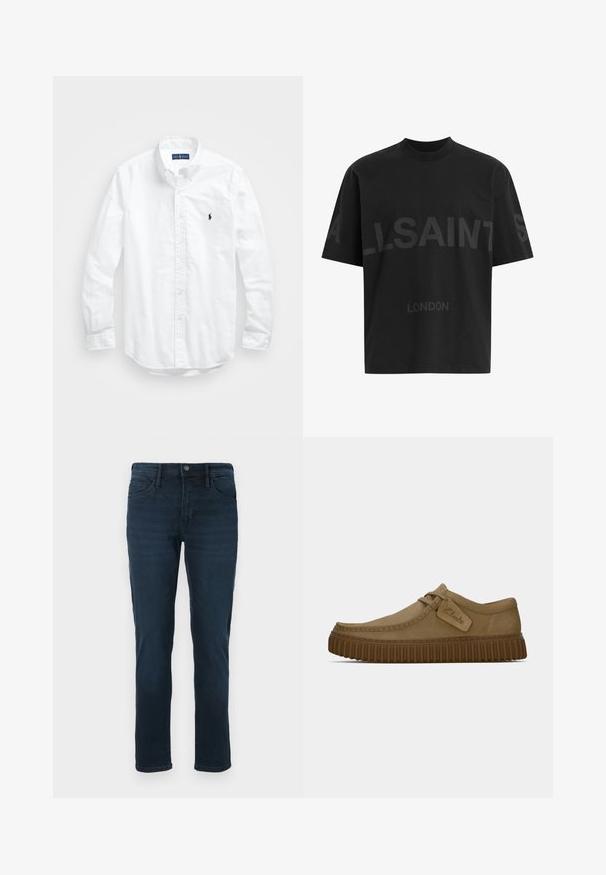 Fehér, hosszú ujjú, gombos férfiing pamutból. Klasszikus gallérral, gombos mandzsettával és egy kis sötétkék hímzett logóval a mellrészen.; Fekete, túlméretes póló sötétszürke "ALLSAINTS" felirattal a mellkason, alatta kisebb betűkkel "LONDON" felirattal.; Sötétkék farmernadrág egyenes szárú szabással, öt zsebbe, gombos záródással és finom kopással az elején.; Világosbarna velúr cipők, lekerekített orral, díszített varrással és bordás barna gumi talppal. Az oldalon található egy címke a "Clarks" logójával.