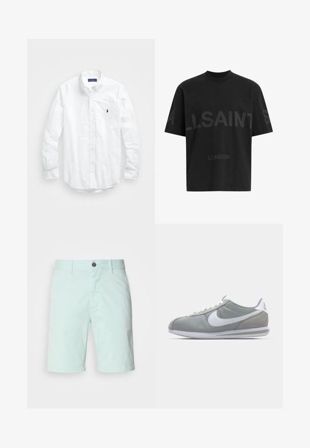 White long-sleeve button-up shirt in cotton. Features a classic collar, button cuffs, and a small navy embroidered logo on the chest.; Black cotton t-shirt with a relaxed fit, featuring a large tonal "ALLSAINTS" design and "LONDON" text on the front. Short sleeves, round neck.; Light mint green shorts made of cotton, featuring a zipper fly, button closure, and side pockets. Smooth texture with a casual design.; Gray athletic shoe with a suede and textile upper, white Nike swoosh, and white laces. Features a textured rubber sole and padded collar.