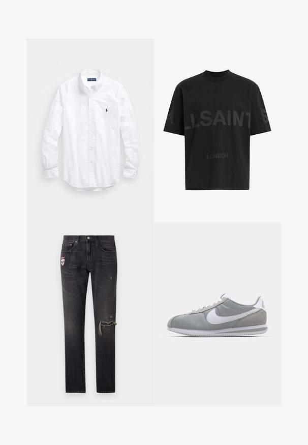 Chemise blanche à manches longues en coton. Dotée d'un col classique, de poignets à boutons et d'un petit logo brodé bleu marine sur la poitrine.; T-shirt noir surdimensionné avec le texte "ALLSAINTS" en gris foncé sur la poitrine et "LONDON" en lettres plus petites en dessous.; Jean en denim noir à coupe droite, avec des détails usés et un patch coloré sur la poche avant.; Chaussure de sport grise avec une tige en daim et textile, logo Nike en blanc et lacets blancs. Elle dispose d'une semelle en caoutchouc texturée et d'un collier rembourré.