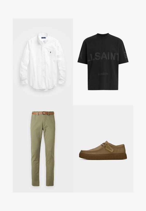 Camicia bianca a maniche lunghe con bottoni in cotone. Presenta un colletto classico, polsini a bottone e un piccolo logo ricamato in blu navy sul petto.; T-shirt nero oversize con il testo grigio scuro "ALLSAINTS" sul petto e "LONDON" in lettere più piccole sottostante.; Pantaloni in cotone verde oliva con design a gamba dritta, completi di una cintura in pelle marrone e una texture liscia. Semplici tasche frontali.; Scarpe in suede marrone chiaro con punta arrotondata, dettagli cuciti e suola in gomma marrone a righe. Presentano un'etichetta laterale con il logo "Clarks".