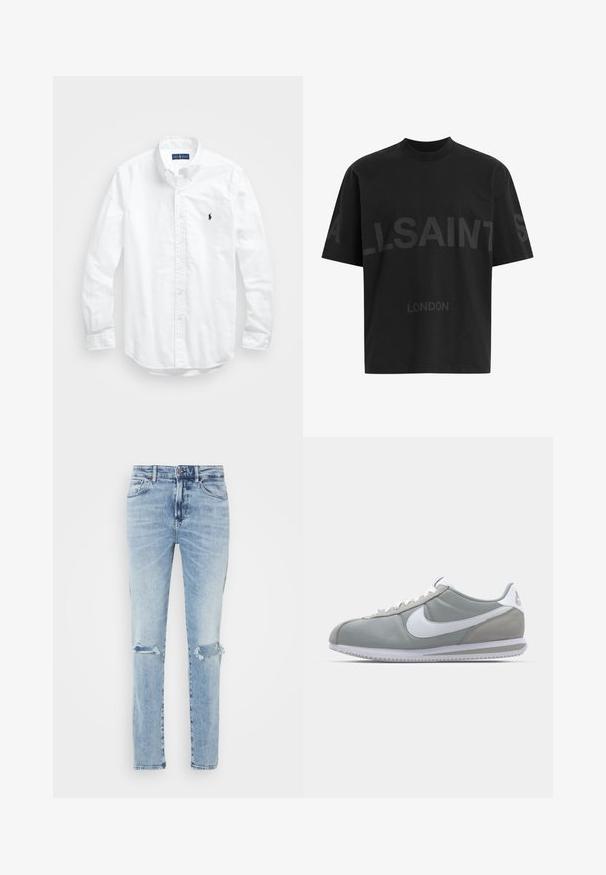 Bijela košulja dugih rukava s gumbima izrađena od pamuka. Ima klasični ovratnik, gumbaste manžete i mali brodasti logo u tamnoplavoj boji na prsima.; Crna majica od pamuka opuštenog kroja s velikim toniranim natpisom "ALLSAINTS" i tekstom "LONDON" na prednjoj strani. Kratki rukavi, okrugli izrez.; Svijetloplave traperice s izrezima na koljenima, dizajn s pet džepova i ravnim krojem. Materijal ima mekan, blago izblijedjeli izgled.; Sive sportske tenisice s gornjim dijelom od antilopa i tekstila, bijelim Nike swooshom i bijelim vezicama. Imaju teksturirani gumeni đon i podstavljeni ovratnik.