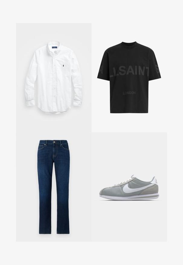 Chemise blanche à manches longues en coton. Dotée d'un col classique, de poignets à boutons et d'un petit logo brodé bleu marine sur la poitrine.; T-shirt noir surdimensionné avec le texte "ALLSAINTS" en gris foncé sur la poitrine et "LONDON" en lettres plus petites en dessous.; Jean en denim droit bleu foncé avec bouton et fermeture éclair à l'avant, conception à cinq poches et surpiqûres contrastées.; Chaussure de sport grise avec une tige en daim et textile, logo Nike en blanc et lacets blancs. Elle dispose d'une semelle en caoutchouc texturée et d'un collier rembourré.