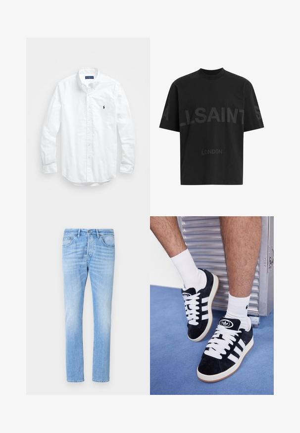 Bílá košile s dlouhým rukávem a knoflíkovým zapínáním vyrobená z bavlny. Má klasický límec, knoflíkové manžety a malé námořnické vyšívané logo na hrudi.; Černé oversized tričko s tmavě šedým nápisem "ALLSAINTS" na hrudi a menším textem "LONDON" pod ním.; Světle modré džínové kalhoty s rovnými nohavicemi, které mají knoflíkový zapínání, pět kapsiček a jemné vyblednutí na stehnech.; Černé semišové tenisky s bílými tkaničkami a třemi bílými pruhy. Mají kulatou černou logo na jazyku a gumovou podrážku.