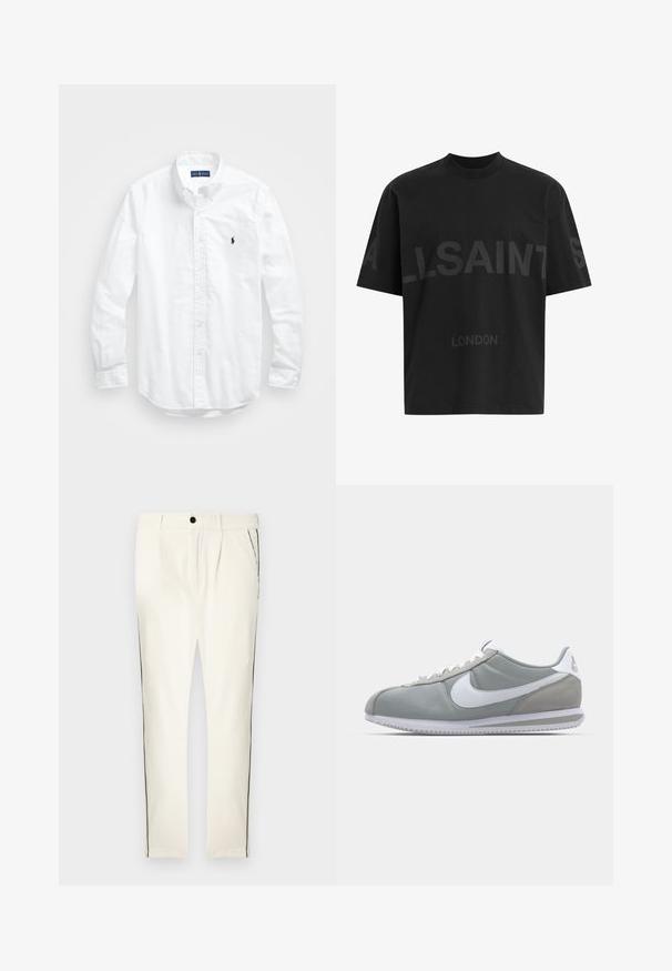 Biała, bawełniana koszula z długim rękawem zapinana na guziki. Posiada klasyczny kołnierzyk, mankiety zapinane na guziki oraz małe, granatowe, haftowane logo na klatce piersiowej.; Czarna, oversize koszulka z ciemnoszarym napisem "ALLSAINTS" na piersi oraz słowem "LONDON" mniejszymi literami poniżej.; Białe spodnie w paski o luźnym kroju, z czarnym paskiem po bokach, zapięciem na guzik i zakładkami z przodu jako dodatkowym elementem dekoracyjnym.; Szare buty sportowe z cholewką z zamszu i tekstyliów, białym logo Nike i białymi sznurówkami. Posiadają teksturowaną gumową podeszwę i wyściełany kołnierz.