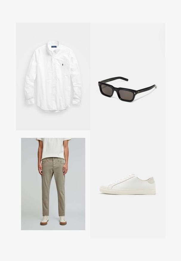 Camicia bianca a maniche lunghe con bottoni in cotone. Presenta un colletto classico, polsini a bottone e un piccolo logo ricamato in blu navy sul petto.; Pantaloni di cotone color khaki chiaro con una vestibilità slim, cinque tasche e una texture liscia. Abbinati a sneakers crema con suole in gomma marrone.; Sneaker bianca in pelle con superficie liscia, punta rotonda e design minimalista. Presenta dettagli beige sul tallone e una suola in gomma.; Occhiali da sole neri rettangolari con lenti scure, montatura spessa in plastica, dettagli dorati sulle tempie e logo del marchio inciso sull'asta.
