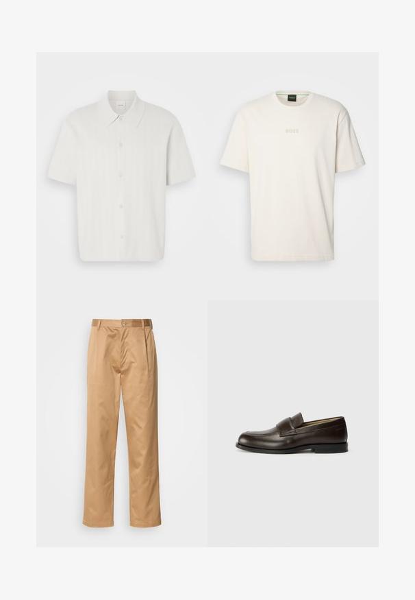 Chemise à manches courtes en tissu blanc avec une texture côtelée, dotée d'un col classique et d'une fermeture à bouton sur le devant.; BOSS TEE - T-shirt basique - open white; Pantalons khaki, en mélange de coton, coupe droite, plis avant, passants de ceinture et fermeture à bouton. Texture lisse sans motifs.; Calvin Klein Chaussons - cocoa brown