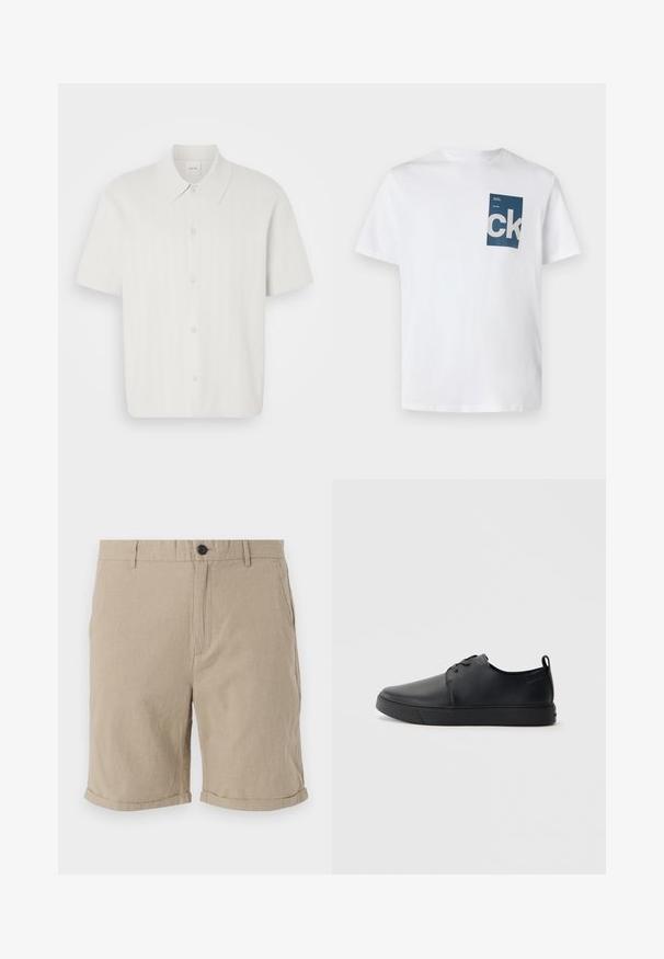 Kratek rokav srajca iz belega blaga z gubanjem, ki ima klasičen ovratnik in zapiranje s gumbi.; Bela bombažna majica s kratkimi rokavi, ki ima modro pravokotno žepno z belo "ck" logo in besedilnimi podrobnostmi. Udoben kroj s krožnim ovratnikom.; Bež linin hlače s gumbom na zapiranju, ravnim prednjim delom, stranskimi žepi in zavitimi robovi, z teksturirano tkanino za zračnost.; Črne usnjene športne čevlje z gladko površino, okroglo oblikovano nosilo, toniranim šivanjem, vezanjem spredaj in ravnim gumijastim podplatom. Zanko na peti.