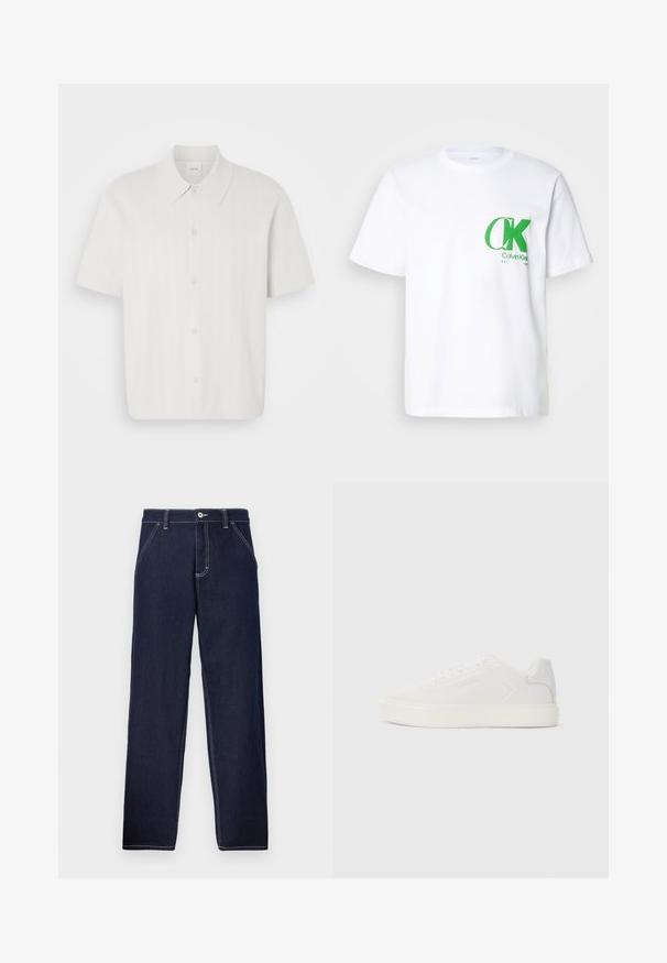 Short-sleeve shirt in white fabric with a ribbed texture, featuring a classic collar and button front closure.; White cotton t-shirt featuring a green CK logo on the left chest. Classic crew neck design with short sleeves and a straight hem.; Dark blue denim trousers with a straight leg design, featuring contrast stitching, a button front closure, and traditional five-pocket styling.; White sneaker with smooth synthetic upper, round toe, and flat white sole. Features tonal stitching and minimal branding on the side.