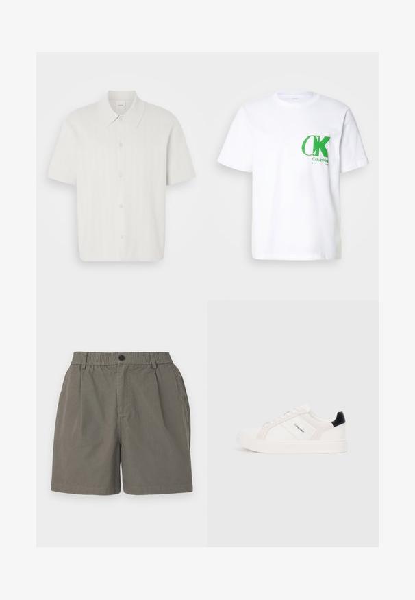 Camisa de manga corta en tejido blanco con textura acanalada, que presenta un collar clásico y cierre frontal con botones.; Camiseta de algodón blanca con un logo verde de CK en el lado izquierdo del pecho. Diseño clásico de cuello redondo con mangas cortas y dobladillo recto.; Shorts caquis con cintura elástica, cierre de botón único y dos bolsillos laterales. Tejido suave y ligero con una textura suave.; Zapatillas blancas con acentos en rosa claro y negro, que presentan paneles de cuero suave y gamuza, punta redonda y suela plana de goma.