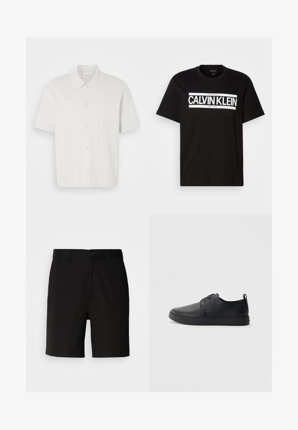 Košele s krátkym rukávom z bielej látky s ryhovanou textúrou, so klasickým golierom a zapínaním na gombíky.; Čierne tričko s krátkym rukávom s bielym logom "CALVIN KLEIN NEW YORK" umiestneným na hrudi, s okrúhlym výstrihom a stredne veľkým štítkom vo vnútri goliera.; Čierne šortky z hladkej tkaniny, s jedným zapínaním na gombík a pútkami na opasok, s rovnými nohavicami a bez viditeľných vzorov.; Čierne kožené tenisky s hladkým povrchom, zaoblenou špičkou, tonálnym šitím, šnurovaním vpredu a plochou gumovou podrážkou. Obojok na päte.