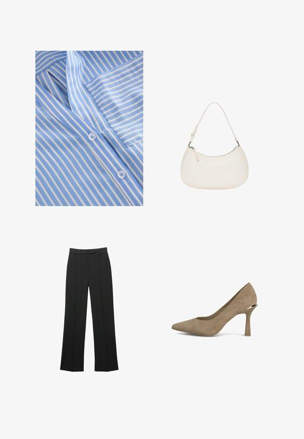 Hellblau und weiß gestreifter Stoff mit V-Ausschnitt, Knopfverschluss und einer Brusttasche. Glatte Textur und feine Nähte.; Schwarze gerade geschnittene Hose aus glattem Stoff, mit flacher Vorderseite, Gürtelschlaufen und ohne sichtbare Taschen, in maßgeschneiderter Passform.; Beige Wildleder-Pumps mit Absatz, spitz zulaufend und mit einem einzigartigen geometrischen Absatz. Glatte Textur mit minimalen Nähdetails.; Weiße Lederhandtasche mit gebogener Form, verstellbarem Trageriemen und Reißverschlussverschluss oben. Glatte Textur mit minimalen Hardware-Details.; Goldene Hoops Ohrringe mit einer glatten, abgerundeten Form. Sie verfügen über eine glänzende Oberfläche und einen sicheren Verschlussmechanismus. Gewagtes Design mit einer nahtlosen Kurve.