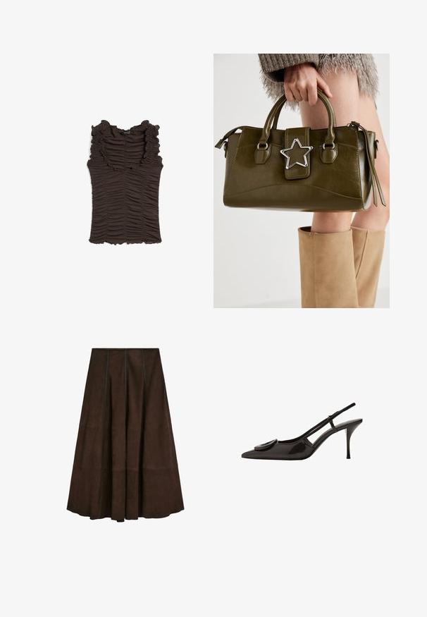 Bruine mouwloze top met een ruches halslijn en geplooide stof door het hele kledingstuk. Heeft een aansluitende pasvorm en een gestructureerd oppervlak.; Bruine suède midi-rok met een uitlopende ontwerp en verticale naaddetails, met een gladde textuur en een brede zoom.; Zwarte gepatineerde leren slingback schoen met puntige neus, minimalistisch ontwerp, kleine ronde accent op de voorkant, en slanke hak.; Olijf groen neplederen handtas met zilveren steraccent, dubbele handvatten en een ritssluiting. Gelaagd oppervlak en gestructureerde vorm.