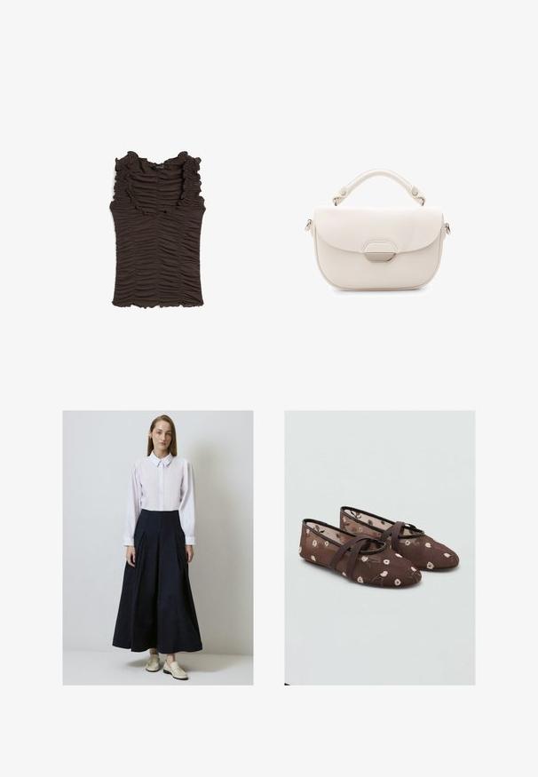 Hnědý bezrukávový top s volánovým dekoltem a nařaseným materiálem po celé ploše. Má přiléhavý střih a texturovaný povrch.; Bílá košile s límečkem a zapínáním na knoflíky, spárovaná s volnou tmavě modrou plisovanou sukní. Nosená s světlými nazouvacími botami.; Hnědé textilní baletní byty s květinovou výšivkou a dvěma křížícími se popruhy přes nárt. Měkký materiál s špičatou špičkou.; Bílá kožená kabelka zaobleného tvaru, s klopou a stříbrnými kovovými doplňky. Obsahuje krátké ucho a hladkou texturu.