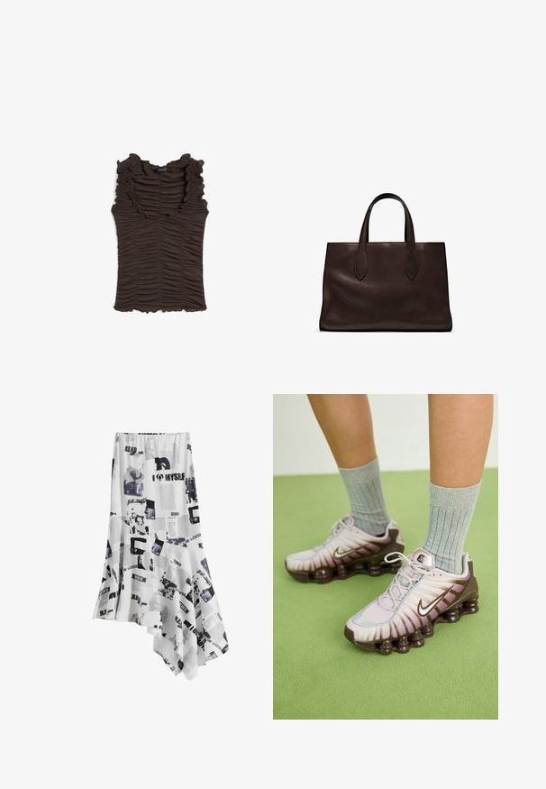 Top marrone senza maniche con scollo arricciato e tessuto arricciato in tutto il capo. Presenta una silhouette aderente e una superficie texturizzata.; Gonna asimmetrica bianca con un design stampato con testo e immagini neri, realizzata in tessuto leggero. I bordi sono finemente rifiniti.; Sneakers Nike in rosa chiaro e marrone, con tomaia testurizzata, design a strati e suola ammortizzata con unità d'aria visibili.; Borsa a spalla in pelle marrone con due manici lunghi, forma rettangolare strutturata, texture liscia e dettagli di cucitura sottili.