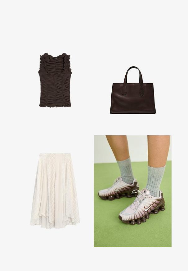 Brązowy bezrękawnik z falbaniastym dekoltem i marszczonym materiałem na całej powierzchni. Posiada dopasowany krój i teksturowaną powierzchnię.; Jasno kolorowa, wieloczęściowa spódnica z mieszanką tkanin w kratę i wzory, charakteryzująca się zwiewnym krojem i teksturowanym wykończeniem.; Sneakers Nike w jasnoróżowym i brązowym kolorze, z teksturowanym wierzchem, warstwowym designem oraz amortyzującą podeszwą z widocznymi jednostkami powietrza.; Brązowa skórzana torba tote z dwoma wydłużonymi uchwytami, usztywnionym prostokątnym kształtem, gładką teksturą i subtelnymi detalami przeszycia.
