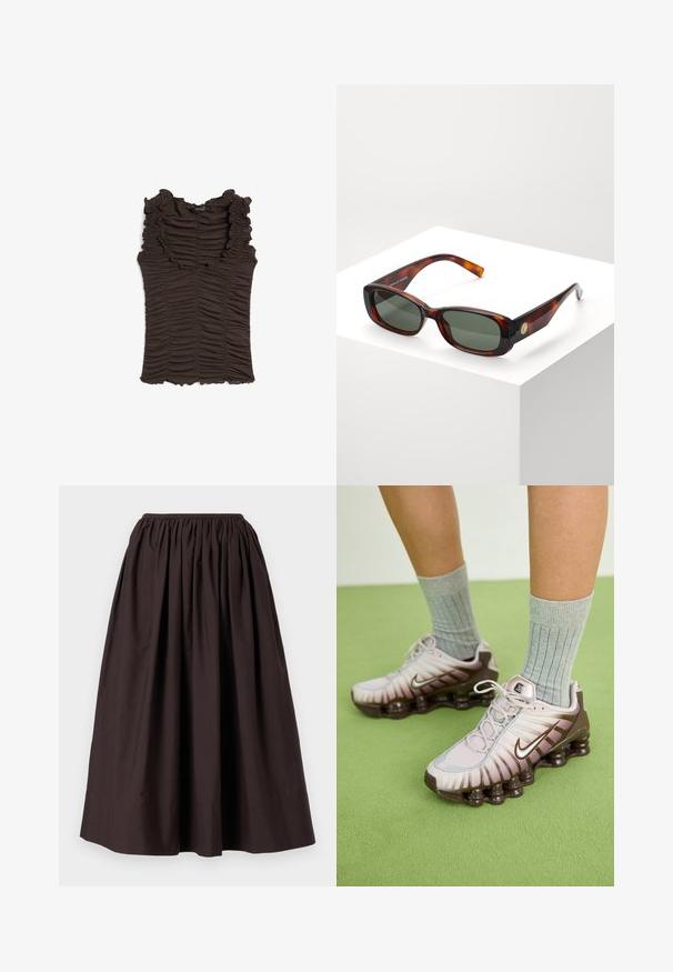 Hnědý bezrukávový top s volánovým dekoltem a nařaseným materiálem po celé ploše. Má přiléhavý střih a texturovaný povrch.; Hnědá, kotníková sukně z lehké tkaniny s elastickým pasem a nařaseným designem pro objemový efekt.; Nike tenisky ve světle růžové a hnědé barvě, s texturovaným svrškem, vrstveným designem a odpruženou podešví s viditelnými vzduchovými jednotkami.; Želvovina obdélníkové sluneční brýle se zelenými skly. Široký rám, hladký povrch, zlatý akcent po straně a štíhlé nožičky.