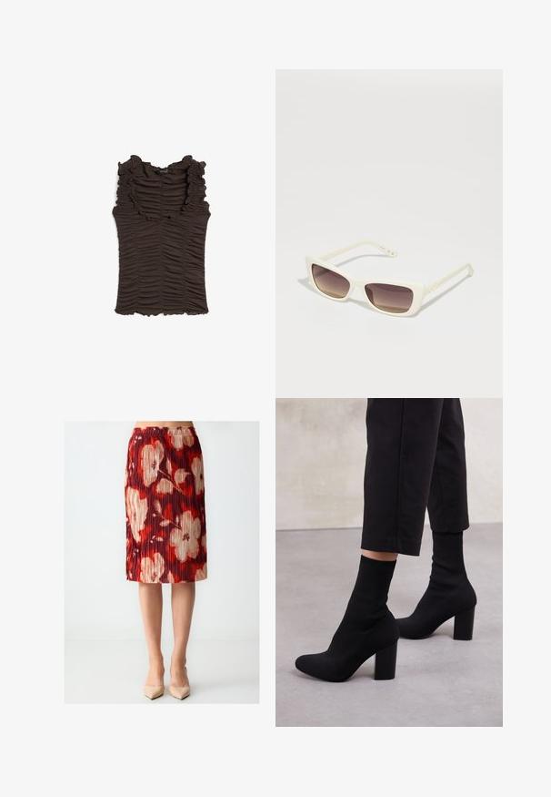 Braun ärmelloses Oberteil mit rüschigem Ausschnitt und gerafftem Stoff. Es hat eine taillierte Silhouette und eine strukturierte Oberfläche.; Faltrock mit auffälligen roten, weißen und beigen Blumenmustern. Elastischer Bund, knielange Ausführung und glatte Stoffstruktur.; Schwarze, knöchelhohe Stiefel mit einem gerippten, sockenartigen Obermaterial, glatter Oberfläche, abgerundeter Zehenform und einem Blockabsatz für Stabilität.; Weiße Sonnenbrille mit rechteckigem Rahmen und braunen Verlaufslinsen. Ausgestattet mit einer glatten Kunststoffoberfläche und einem Logo an der Seite des Bügels.; Schwarze, gesteppte Leder-Handtasche mit goldener Kettenriemen und Logo-Detail. Rechteckige Form, glatte Textur, mit einem Klappenverschluss.