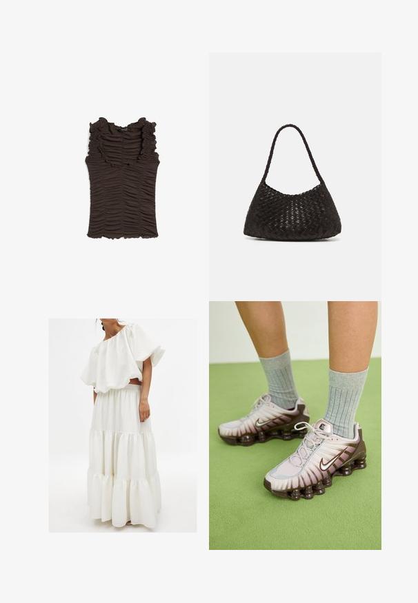 Bruine mouwloze top met een ruches halslijn en geplooide stof door het hele kledingstuk. Heeft een aansluitende pasvorm en een gestructureerd oppervlak.; Witte twee-delige outfit met een getextureerde off-shoulder top met grote mouwen en een gelaagde rok met elastische tailleband.; Nike-sneakers in lichtroze en bruin, met een gestructureerde bovenkant, gelaagd ontwerp en een dempende buitenzool met zichtbare luchtunits.; DRAGON DIFFUSION ROSANNA - Handtas - dark brown