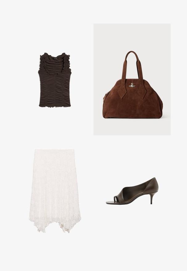 Brown sleeveless top with ruffled neckline and ruched fabric throughout. Features a fitted silhouette and textured surface.; Lace skirt in white with a layered design, featuring a floral pattern and an asymmetrical hem that is shorter in the front and longer in the back.; Brown leather open-toe high-heeled shoe with a smooth texture and a slim stiletto heel. Features a cut-out design and minimalistic shape.; Brown suede handbag with a structured shape, rounded body, and elongated diamond-shaped handles. Features a silver hardware closure.