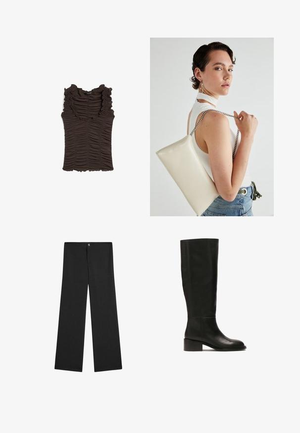 Hnědý bezrukávový top s volánovým dekoltem a nařaseným materiálem po celé ploše. Má přiléhavý střih a texturovaný povrch.; Černé kalhoty širokého střihu vyrobené z lehkého materiálu, s knoflíkovým zapínáním, bez viditelných vzorů a s hladkou, jednobarevnou texturou.; Vysoká černá kožená bota s kulatou špičkou a nízkým čtvercovým podpatkem. Má hladký povrch a nezdobený design.; Bílá obdélníková psaníčko vyrobené z lesklého materiálu, se stříbrným řetízkovým popruhem. Modelka pózuje a předvádí tašku na jednobarevném pozadí.