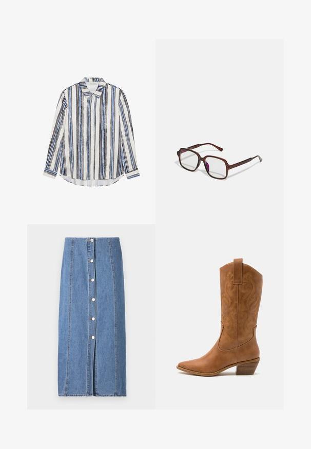 Srajca na gumb z navpičnimi črtami v odtenkih modre, črne in bele barve. Narejena iz gladkega blaga s klasičnim ovratnikom in gumbom za zapiranje.; Denim krilo v svetlo modri barvi s ravno silhueto. Ima sprednje zapiranje na gumbe, vertikalne šive in surov rob na dnu.; Rjavi usnjeni kauboj čevlji s koničastim nosom, vezenimi vijugastimi vzorci na zgornjem delu in zloženim kvadratnim peto. Imajo zanko za enostavno obuvanje.; Rjave, pravokotne očala z prosojnimi lečami in vijoličnimi odtenki. Gladek plastičen okvir z ravnimi steblami in subtilnimi detajli.; Rjava usnjena torbica z ramenskim ročajem, ukrivljene oblike, minimalnim šivom in zlato-tonirano kovinsko dekoracijo. Ima zgornje zapiranje na zadrgo in nastavljiv trak.