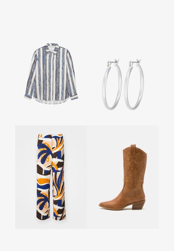 Camisa de botones con rayas verticales en tonos de azul, negro y blanco. Está fabricada con una tela suave, cuenta con un cuello clásico y cierre de botones.; Pantalones de pierna ancha con un patrón multicolor que incluye tonos de azul, naranja y marrón. Hechos de una tela ligera con diseños florales abstractos.; Bota de vaquero de cuero marrón claro con punta afilada, patrones de espiral bordados en el tubo y un tacón bloque apilado. Cuenta con una pestaña de agarre para facilitar su uso.; Pendientes de aro de plata con un acabado liso y pulido. Forma redonda y cierre de click seguro. Diseño ligero adecuado para el uso diario.