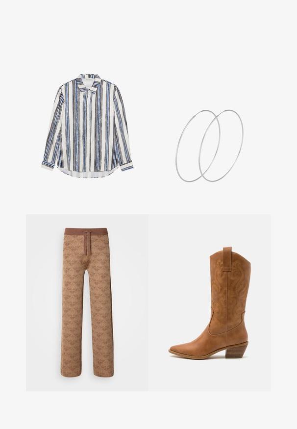 Hemd mit Knopfleiste und vertikalen Streifen in Blau-, Schwarz- und Weißtönen. Hergestellt aus glattem Stoff mit klassischem Kragen und Knopfverschluss.; Braune gemusterte Lounge-Hosen aus strukturiertem Stoff, mit elastischem Bund und Kordelzug sowie einem lockeren Schnitt.; Braune Leder-Cowboy-Stiefel mit spitzem Zehenbereich, bestickten Wirbelmustern am Schaft und einem gestapelten Blockabsatz. Verfügt über einen Ziehriemen für das einfache Anziehen.; Silberne Creolen mit minimalistischem Design. Rundform, glatte Oberfläche und dünnes Profil. Leichtgewichtig mit hochglänzender Oberfläche.