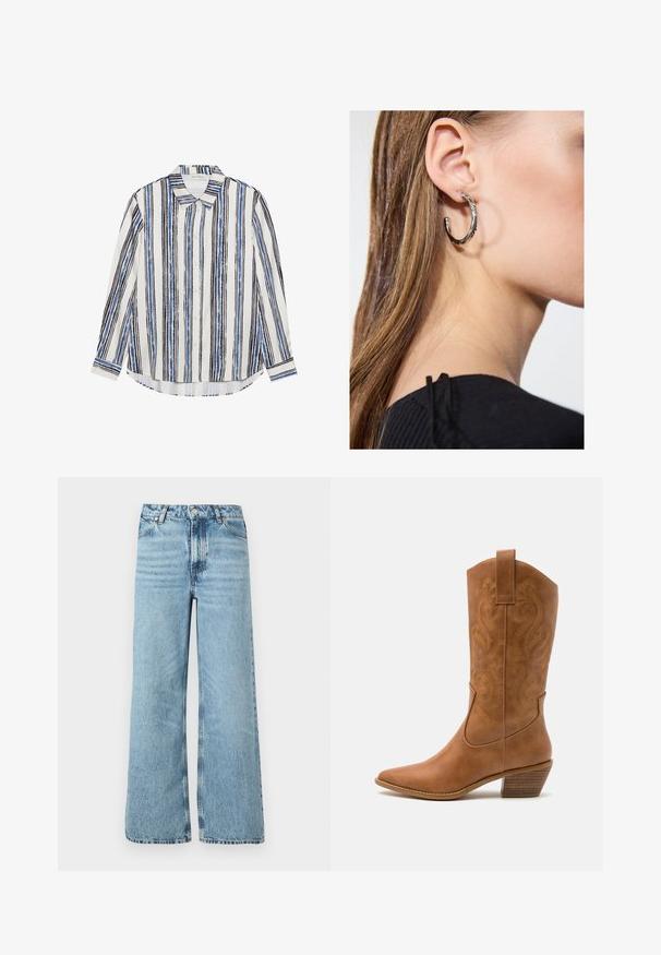 Knappskjorte med vertikale striper i nyanser av blått, svart og hvitt. Laget av glatt stoff med klassisk krage og knappelukking.; Lyseblå vide jeans laget av denim, med høy midje, fem-lomme design og kontrastsøm langs sømmene.; Brune lær cowboy støvel med spiss tå, broderte svirvlende mønstre på skaftet og en stablet blokk hæl. Har en trekksløyfe for enkel påkledning.; Sølv ringøredob med en polert finish, med små gull detaljer og en rund form, båret på øreflippen.