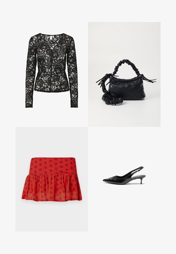 Bluză lungă din dantelă neagră cu mâneci lungi, model floral, din material transparent, cu decolteu rotund, având un închizător cu cârlig și ochi în față.; Fustă roșie cu volane și buline negre, confecționată dintr-un material ușor. Prezintă un tiv ajustat și un design stratificat.; Cizme slingback din piele neagră, cu vârf ascuțit, toc mic de tip kitten heel și un detaliu decorativ sub formă de nod în față. Textură netedă pe întreaga suprafață.; Geantă din faux leather neagră cu textură de crocodil, cu partea superioară strânsă și o curea mototolită. Pare moale și compactă ca design.