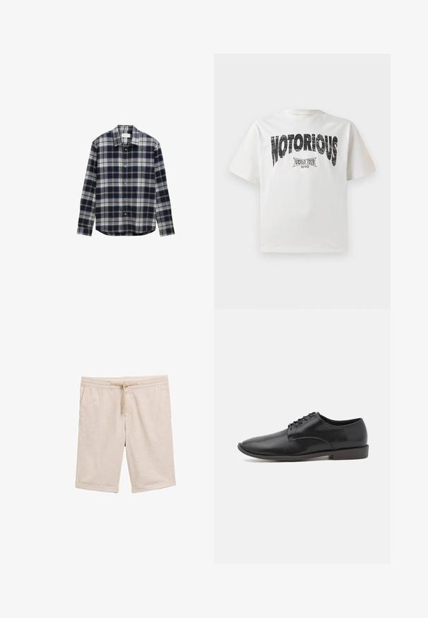 Hemd mit langen Ärmeln in Marineblau und Grau mit Karomuster, Knopfleiste und Kragen, aus einem weichen, strukturierten Stoff gefertigt.; Weißes Baumwoll-T-Shirt mit kurzen Ärmeln, das eine auffällige schwarze "NOTORIOUS" Grafik und das Design "WORLD TOUR 1990" darunter in verwittertem Druck zeigt.; Beige Baumwollmischung-Shorts mit elastischem Taillenbund, Kordelzug und umgeschlagenen Säumen. Glatte Textur, keine Muster oder Beschläge.; Schwarze Leder-Schnürschuhe mit glatter Oberfläche, abgerundeter Zehenpartie und einer gummierten, flachen Sohle. Minimalistisches Design ohne zusätzliche Verzierungen.