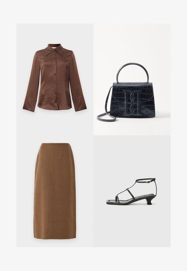 Brūna satīna krekls ar klasisku apkakli, garām piedurknēm un priekšējo pogu aizdari. Izceļas ar gludu tekstūru un izgrieztu piegriezumu.; Biege, līdz ceļiem garš svārki, kas izgatavoti no mīksta auduma ar gludu tekstūru un taisnu griezumu; ar smalkām šuvju detaļām pa sāniem.; Melna ādas sandale ar kvadrātveida purngalu, plānām siksnām, regulējamu potītes siksnu un zemu papēdi. Iezīme ir neliela zelta akcenta detaļa uz siksnas.; Melnas krokodila rakstā izgatavota ādas rokassoma ar strukturētu dizainu, augšējo rokturi, regulējamu siksnu un izteiktu priekšējo logotipa detaļu.; Zelta krāsas metāla matu spraude ar gludu, noapaļotu dizainu. Virsma ir spīdīga, ar savienotu, izliekta formu, bez papildu rotājumiem.