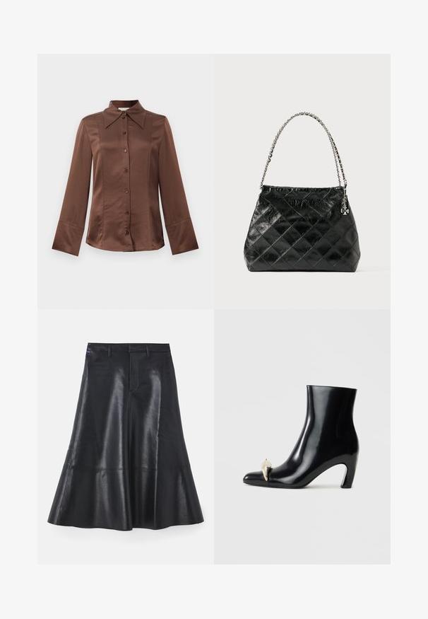 Cămașă din satin maro cu guler clasic, mâneci lungi și închidere prin butoane în față. Se remarcă printr-o textură netedă și un croi ajustat.; Fustă din piele neagră cu un design evazat, de lungime medie, având o textură fină și detalii de cusătură discrete pe margine.; Cizme negre peste glezna, realizate din piele lucioasă, cu vârf ascuțit și un accent decorativ aurii și argintii în față. Design cu toc pătrat.; Geantă de mână din piele neagră matlasată, cu mâner din lănțișor argintiu, cu un design structurat și textură netedă.