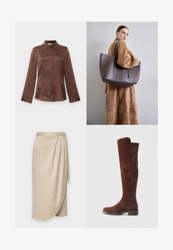 Smeđi satenski košulja s klasičnim ovratnikom, dugim rukavima i prednjim zatvaranjem na dugme. Izdavaća se po glatkoj teksturi i kroju prilagođenom tijelu.; Bež suknja od omota napravljena od mekog, teksturiranog materijala s suptilnim sjajem. Ima vezani pojas i drapirani dizajn s rubom koji se nježno zakrivljuje.; Visoke smeđe semiš i tekstil čizme s niskim crnim potplatom i zaobljenim vrhom, prikazane u bočnom pogledu na jednostavnoj bijeloj pozadini.; Velika, teksturirana tamnosmeđa torba s dugim ručkama. Torba ima minimalistički dizajn i dodatne šavove za dodatnu detaljnost.