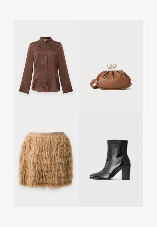 Bruine satijnen shirt met een klassieke kraag, lange mouwen en sluiting met knopen aan de voorkant. Opvallend door de gladde textuur en de getailleerde pasvorm.; Tan faux fur rok met een harige textuur. Voorzien van een gladde, brede tailleband en een gelaagde design voor extra volume.; Zwarte leren enkelboot met een gladde textuur, spitse neus en een gedurfde hoge hak. Beschikt over een zijopening en een minimalistisch ontwerp.; Bruine leren clutch met een zilveren balsluiting en een klein zilveren kettingdetail op een witte achtergrond.